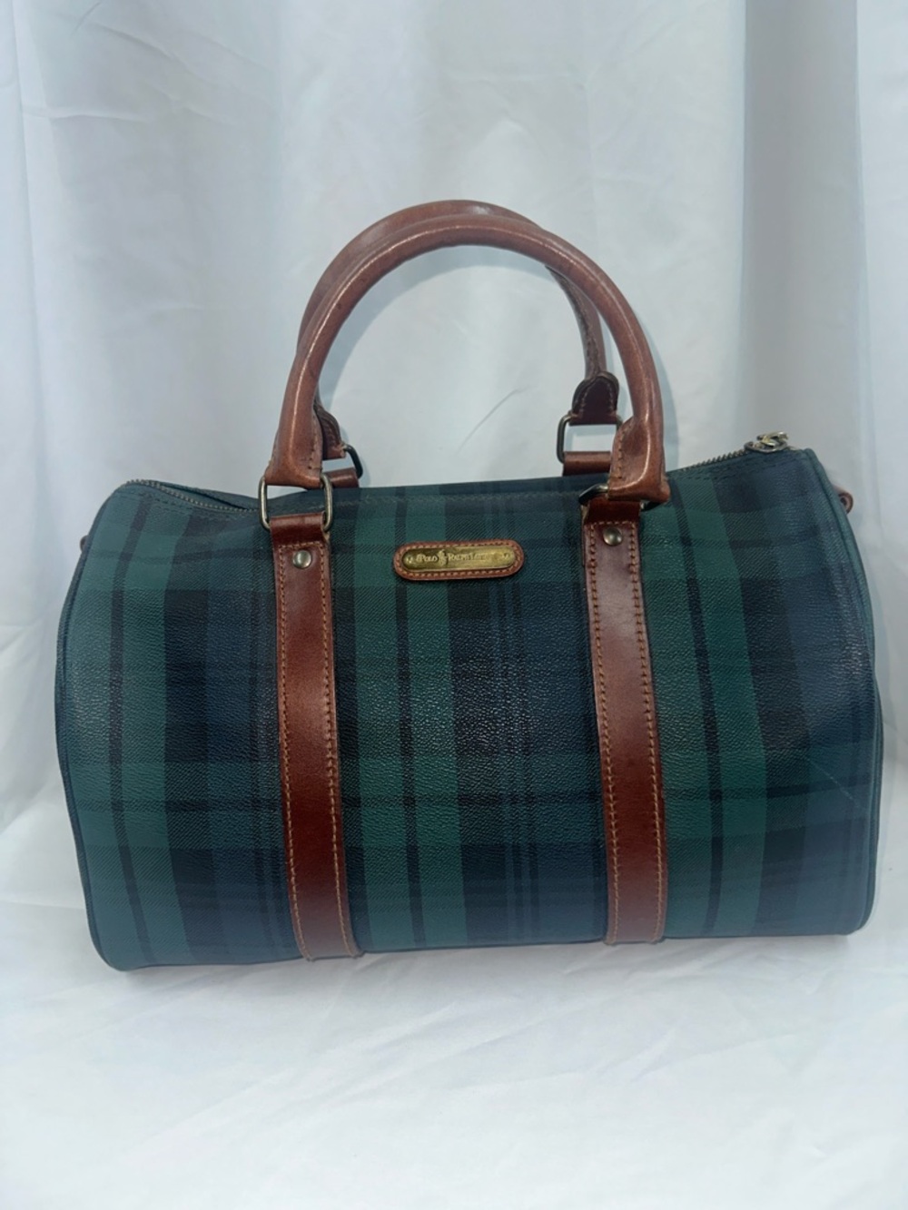 Ralph Lauren Green and Black Plaid Duffel with Brown Leather Trim